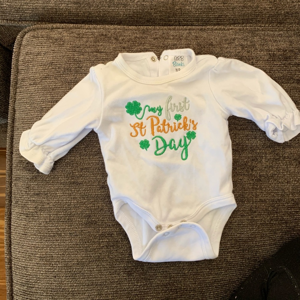Embroidered first st Patrick’s day ruffle onesie